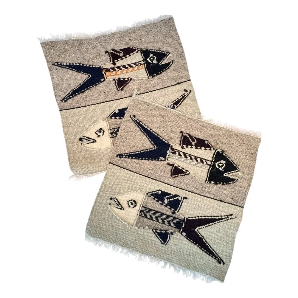 Peru Handwoven Wool Fish Textile Panels Pair Folk Art 16x17